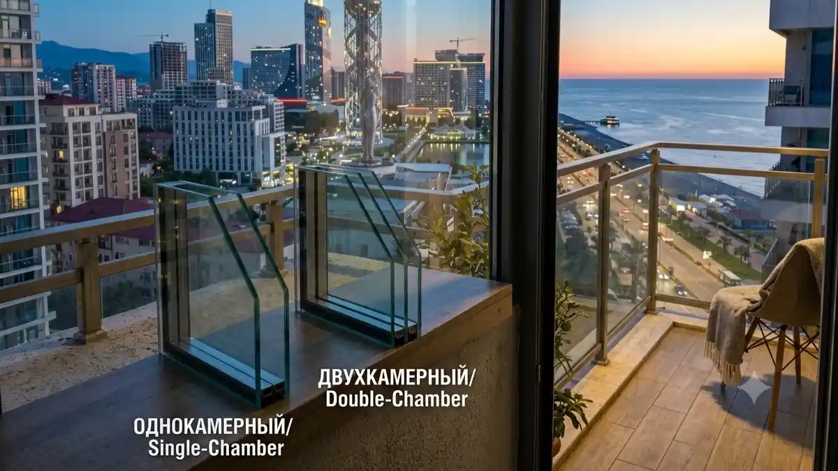 Comparison of single-chamber and double-chamber 4-12-4-12-4 glass units against a Batumi window view