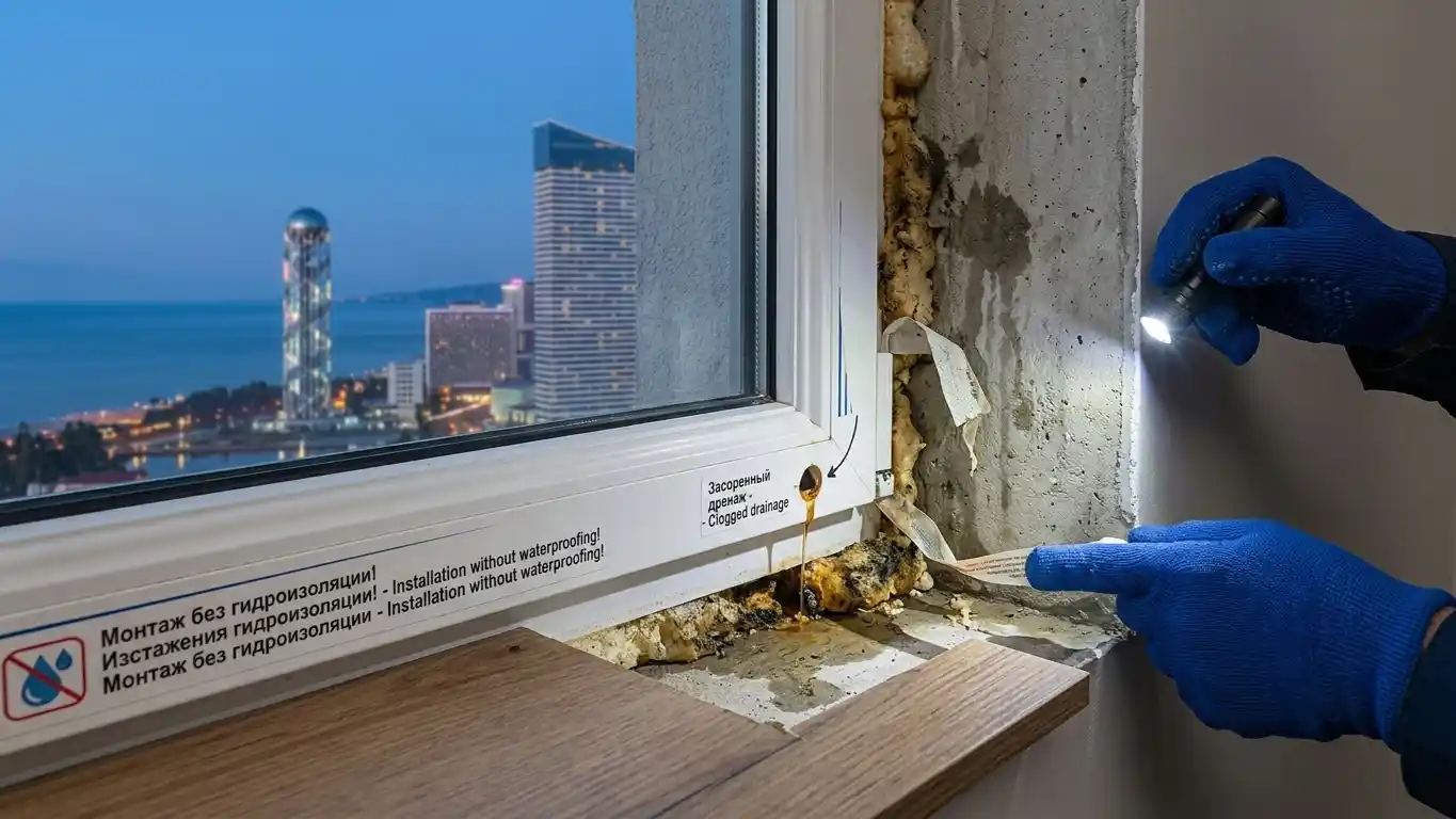 An engineer measuring a window opening in a new-build apartment in Batumi