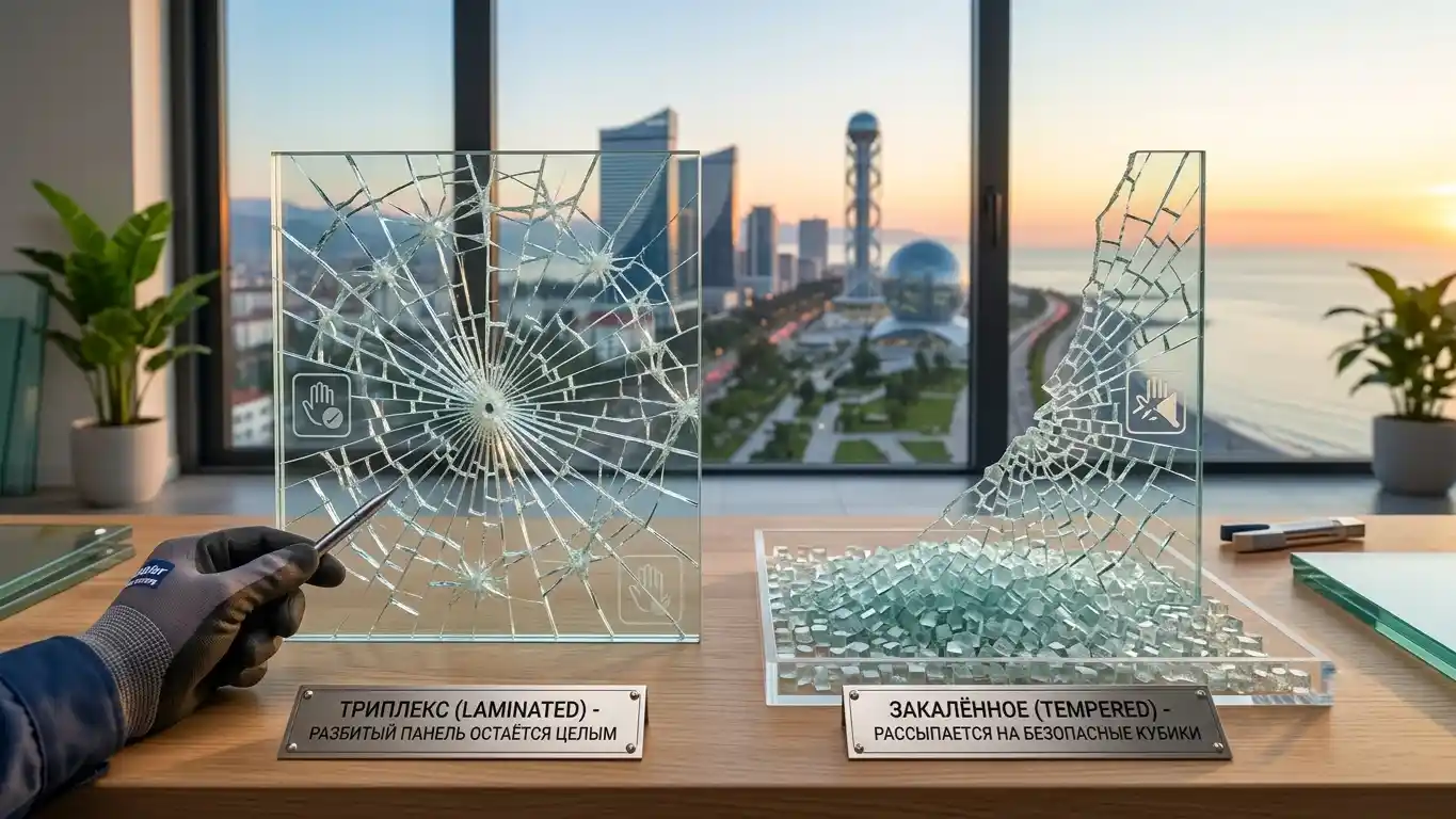 Tempered glass balcony railing on a residential building in Batumi